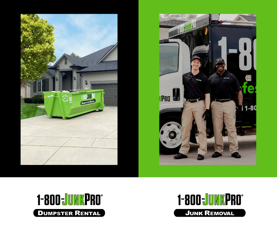 A dumpster in a residential Driveway and 2 Dumpster Workers happy to Help