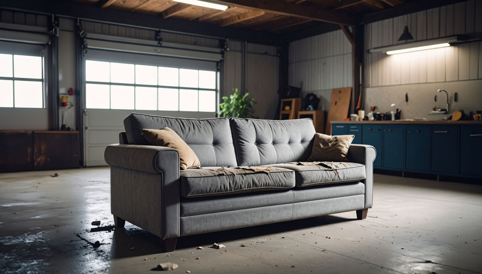 An Old Junk Couch waiting in a garage to be disposed of